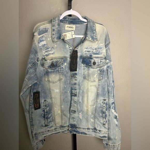 NWT FWRD Distressed Denim Jacket Mens 2XL - Picture 1 of 6